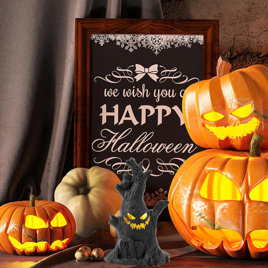 Flickering Halloween Tree - Ghost Face, Raven & Tombstone Decor 👻