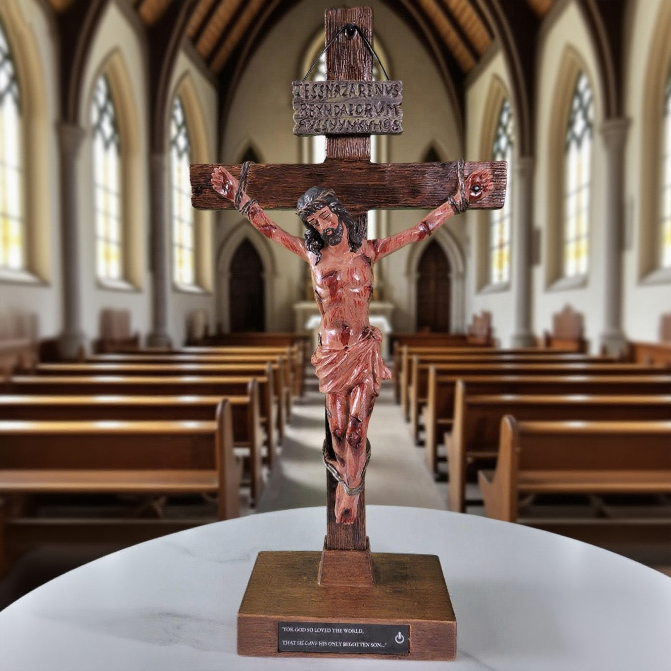 ✝️ Sacred Heart Crucifix with Engraved Scripture Base | Complete Altar Set w/Blessing Certificate