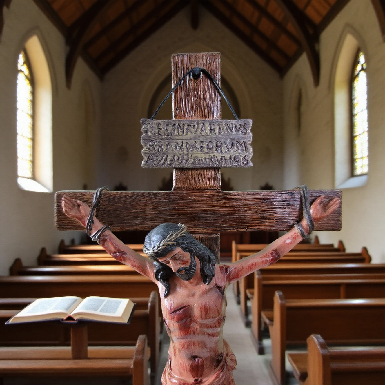 ✝️ Sacred Heart Crucifix with Engraved Scripture Base | Complete Altar Set w/Blessing Certificate