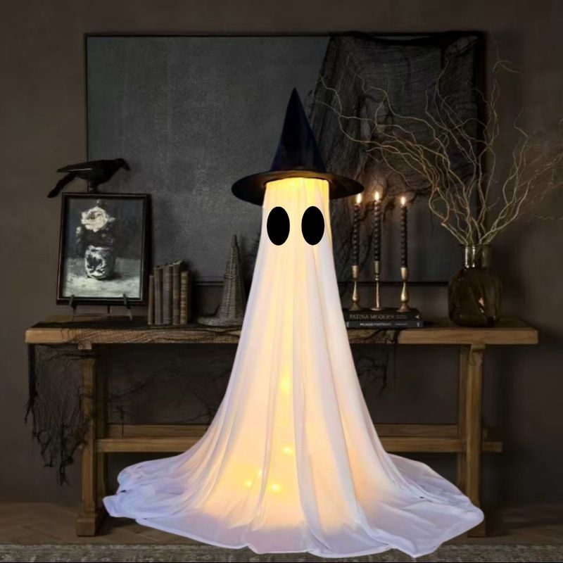 👻 Light-Up Glowing Ghost with Witch Hat | 24"→32" Height Switch Magic for Porches/Tables – 2025 Upgraded!
