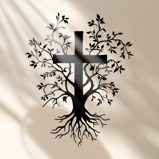 ✝️ Jesus Cross Metal Wall Art – Tree & Roots Design