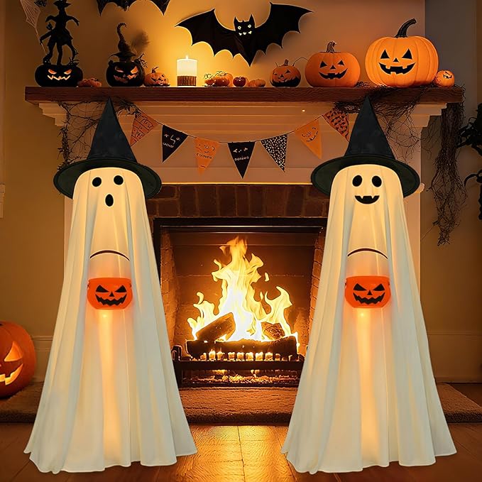 👻 Light-Up Glowing Ghost with Witch Hat | 24"→32" Height Switch Magic for Porches/Tables – 2025 Upgraded!