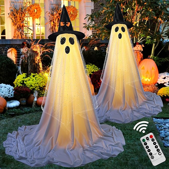 👻 Light-Up Glowing Ghost with Witch Hat | 24"→32" Height Switch Magic for Porches/Tables – 2025 Upgraded!
