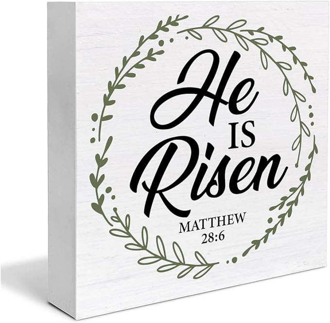 Christian Decor Rustic He Is Risen Bible Verse Wooden Sign Easter Desk Decorations Home Bedroom Living Room Shelf Decor 5 x 5 Inches