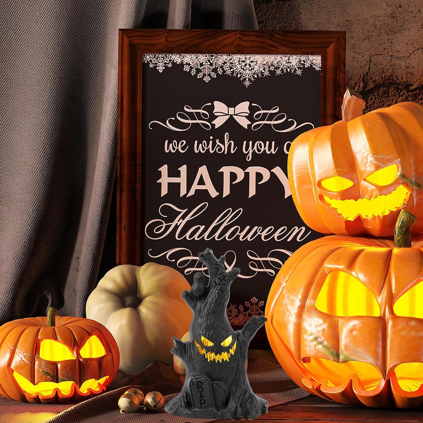 Flickering Halloween Tree - Ghost Face, Raven & Tombstone Decor 👻