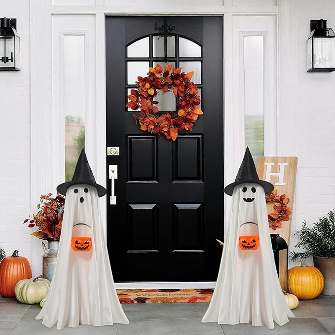 👻 Light-Up Glowing Ghost with Witch Hat | 24"→32" Height Switch Magic for Porches/Tables – 2025 Upgraded!