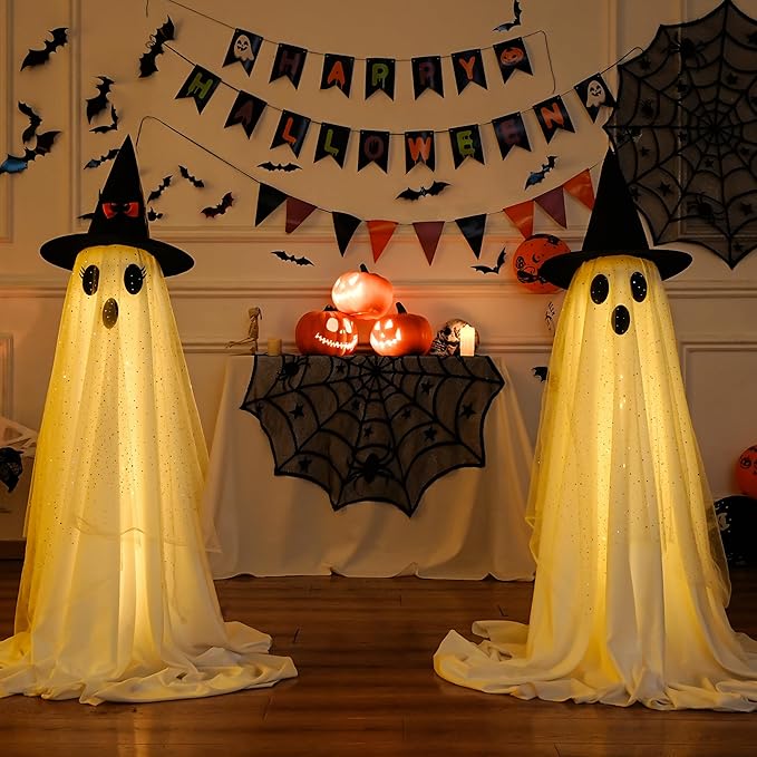 👻 Light-Up Glowing Ghost with Witch Hat | 24"→32" Height Switch Magic for Porches/Tables – 2025 Upgraded!