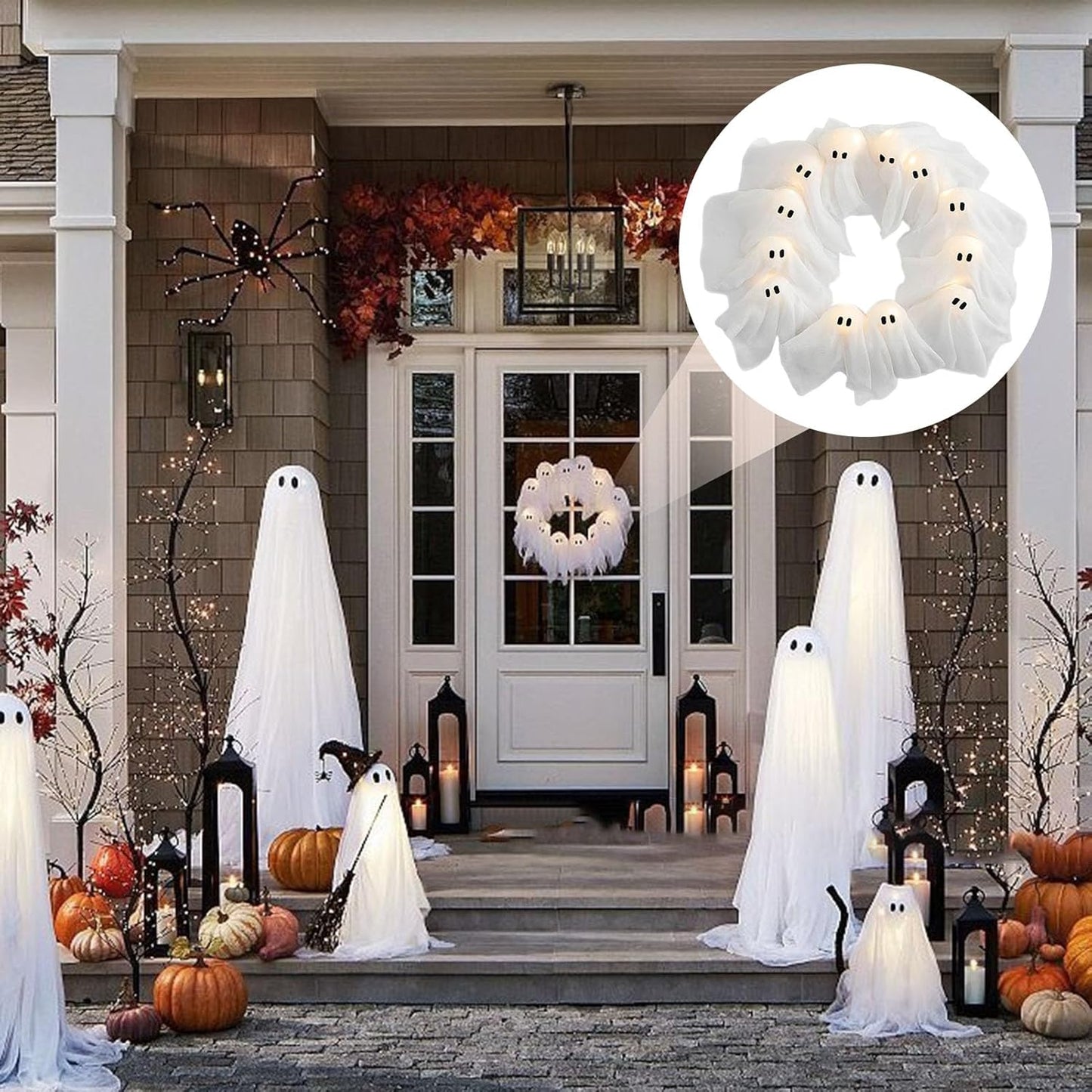 👻Light-Up Ghost Door Wreath – Spooky & Cute Halloween Vibes🎃