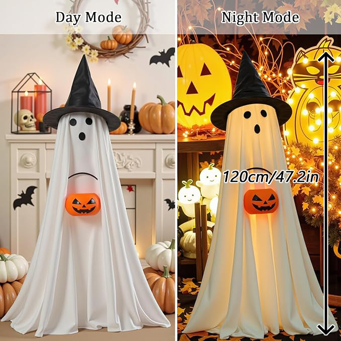👻 Light-Up Glowing Ghost with Witch Hat | 24"→32" Height Switch Magic for Porches/Tables – 2025 Upgraded!