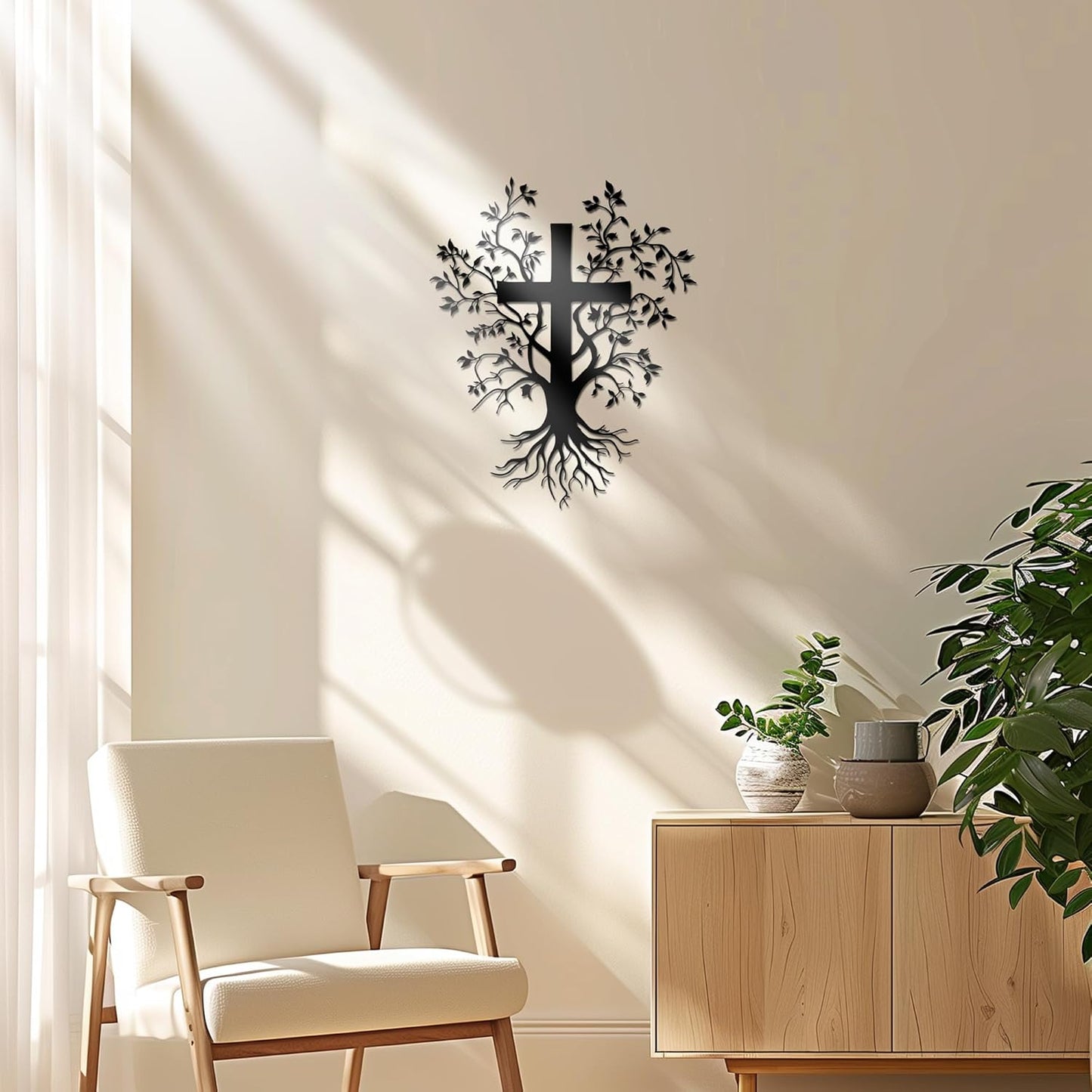 ✝️ Jesus Cross Metal Wall Art – Tree & Roots Design