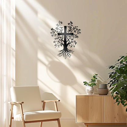 ✝️ Jesus Cross Metal Wall Art – Tree & Roots Design