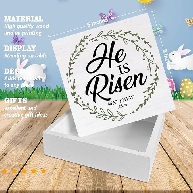 Christian Decor Rustic He Is Risen Bible Verse Wooden Sign Easter Desk Decorations Home Bedroom Living Room Shelf Decor 5 x 5 Inches