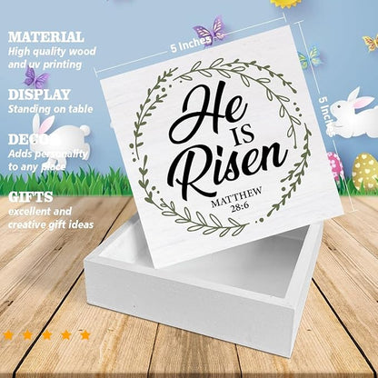 Christian Decor Rustic He Is Risen Bible Verse Wooden Sign Easter Desk Decorations Home Bedroom Living Room Shelf Decor 5 x 5 Inches