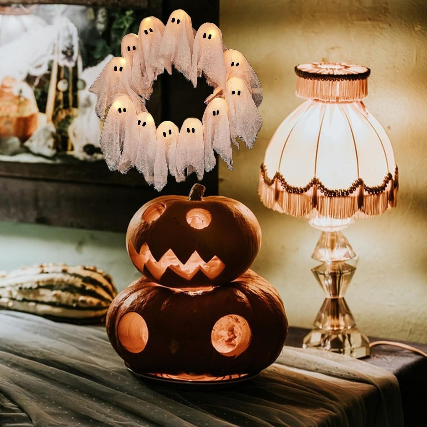 👻Light-Up Ghost Door Wreath – Spooky & Cute Halloween Vibes🎃