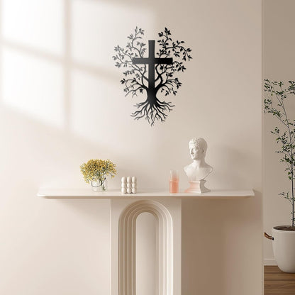 ✝️ Jesus Cross Metal Wall Art – Tree & Roots Design