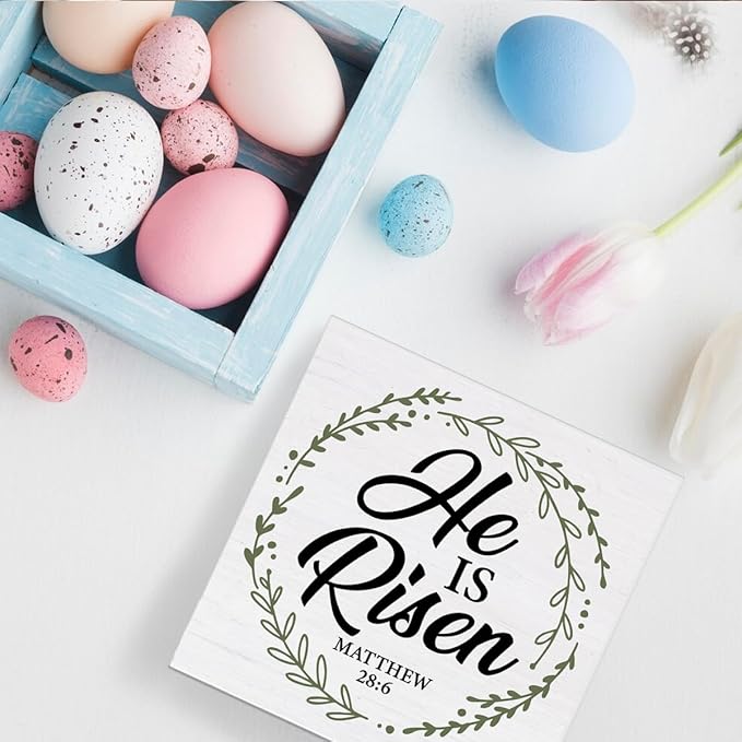 Christian Decor Rustic He Is Risen Bible Verse Wooden Sign Easter Desk Decorations Home Bedroom Living Room Shelf Decor 5 x 5 Inches