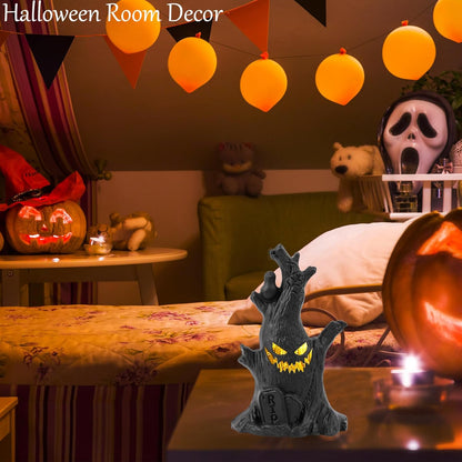 Flickering Halloween Tree - Ghost Face, Raven & Tombstone Decor 👻