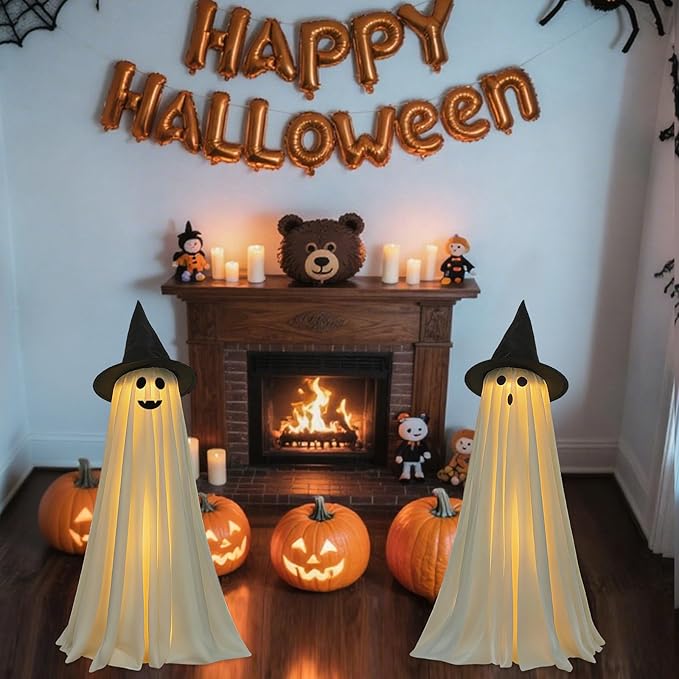 👻 Light-Up Glowing Ghost with Witch Hat | 24"→32" Height Switch Magic for Porches/Tables – 2025 Upgraded!