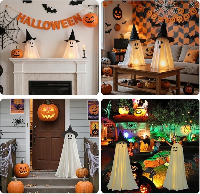 👻 Light-Up Glowing Ghost with Witch Hat | 24"→32" Height Switch Magic for Porches/Tables – 2025 Upgraded!
