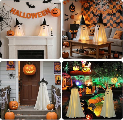 👻 Light-Up Glowing Ghost with Witch Hat | 24"→32" Height Switch Magic for Porches/Tables – 2025 Upgraded!