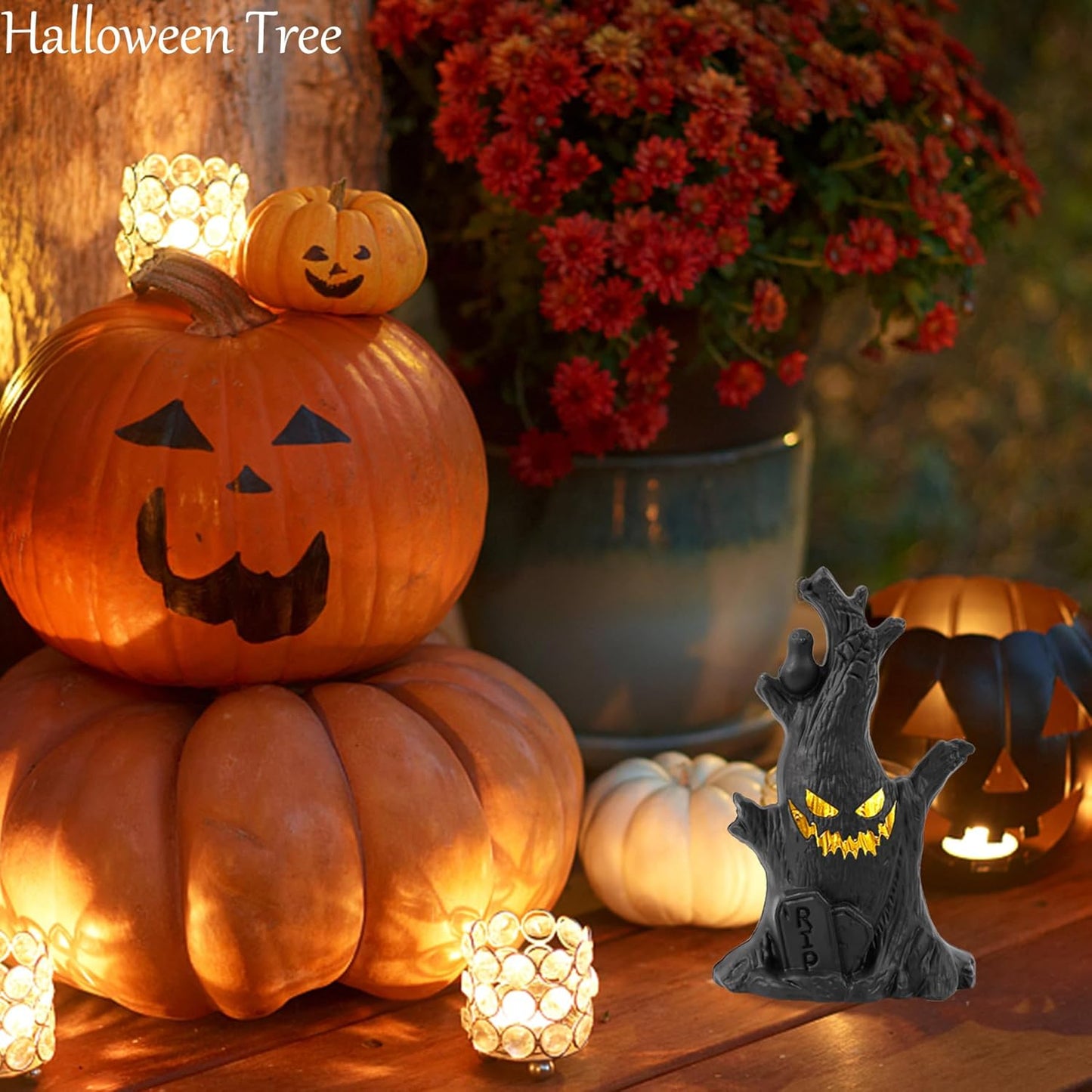Flickering Halloween Tree - Ghost Face, Raven & Tombstone Decor 👻