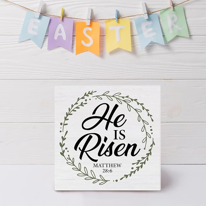 Christian Decor Rustic He Is Risen Bible Verse Wooden Sign Easter Desk Decorations Home Bedroom Living Room Shelf Decor 5 x 5 Inches