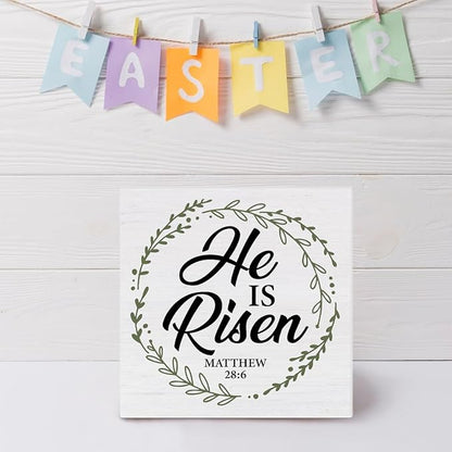 Christian Decor Rustic He Is Risen Bible Verse Wooden Sign Easter Desk Decorations Home Bedroom Living Room Shelf Decor 5 x 5 Inches