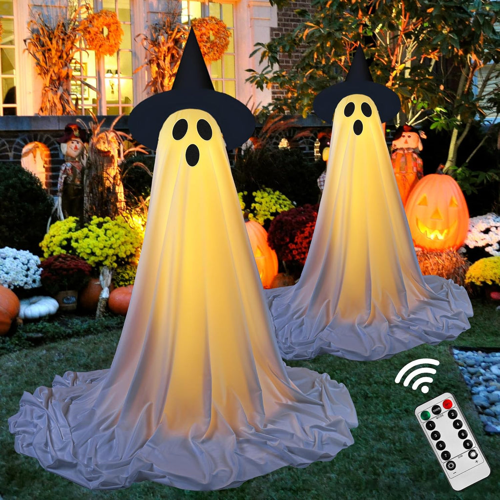 👻 Light-Up Glowing Ghost with Witch Hat | 24"→32" Height Switch Magic for Porches/Tables – 2025 Upgraded!