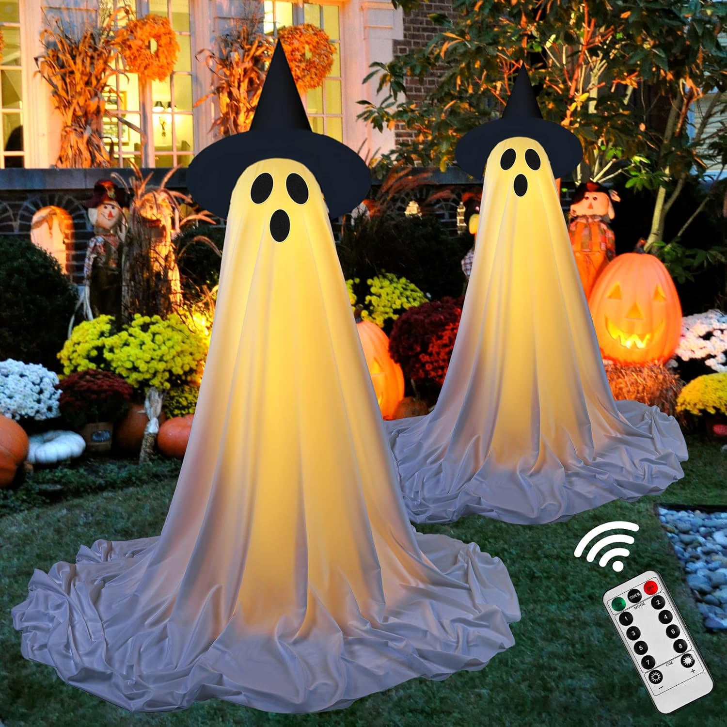 👻 Light-Up Glowing Ghost with Witch Hat | 24"→32" Height Switch Magic for Porches/Tables – 2025 Upgraded!