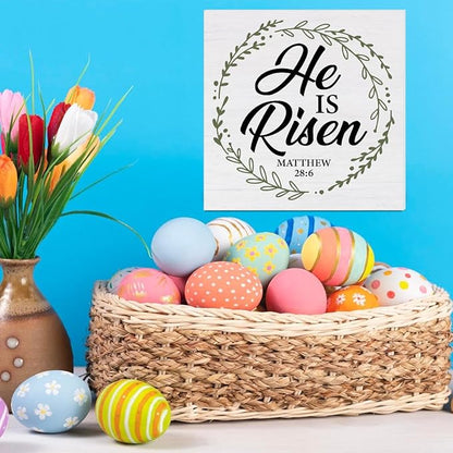 Christian Decor Rustic He Is Risen Bible Verse Wooden Sign Easter Desk Decorations Home Bedroom Living Room Shelf Decor 5 x 5 Inches