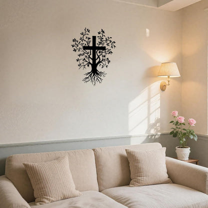 ✝️ Jesus Cross Metal Wall Art – Tree & Roots Design