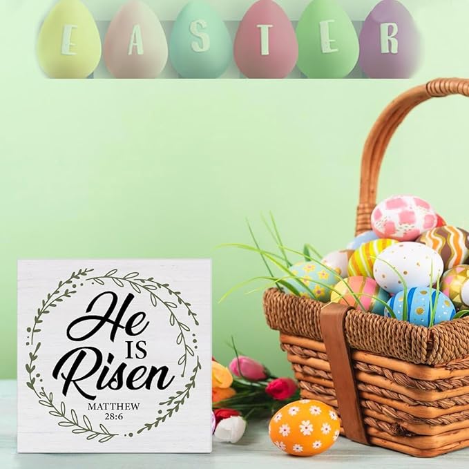 Christian Decor Rustic He Is Risen Bible Verse Wooden Sign Easter Desk Decorations Home Bedroom Living Room Shelf Decor 5 x 5 Inches