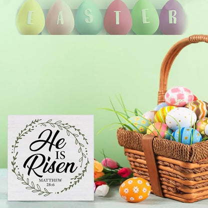 Christian Decor Rustic He Is Risen Bible Verse Wooden Sign Easter Desk Decorations Home Bedroom Living Room Shelf Decor 5 x 5 Inches