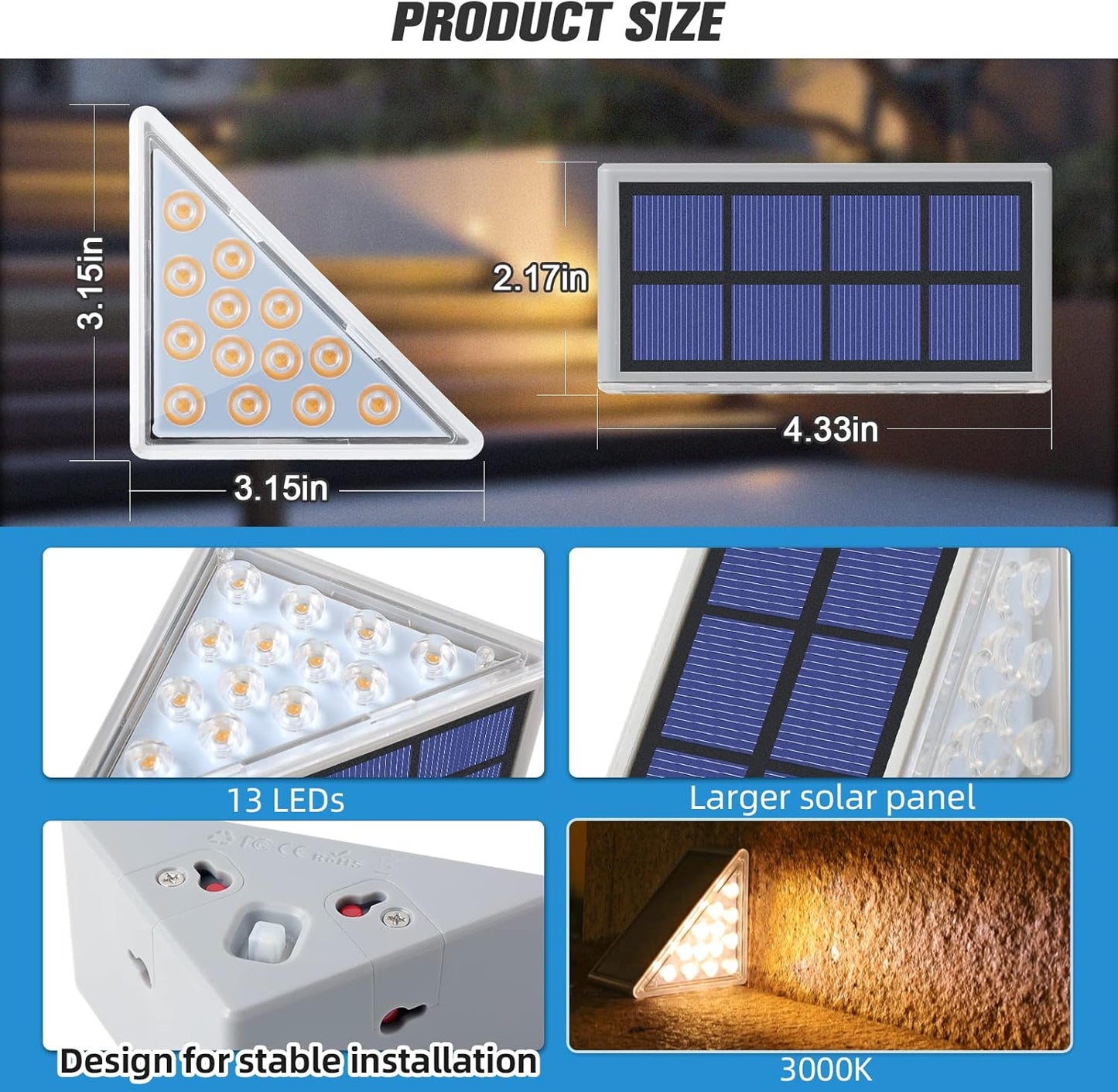 Solar Step Lights - 13 LED, 8-10H Bright, IP67 Waterproof, Auto On/Off