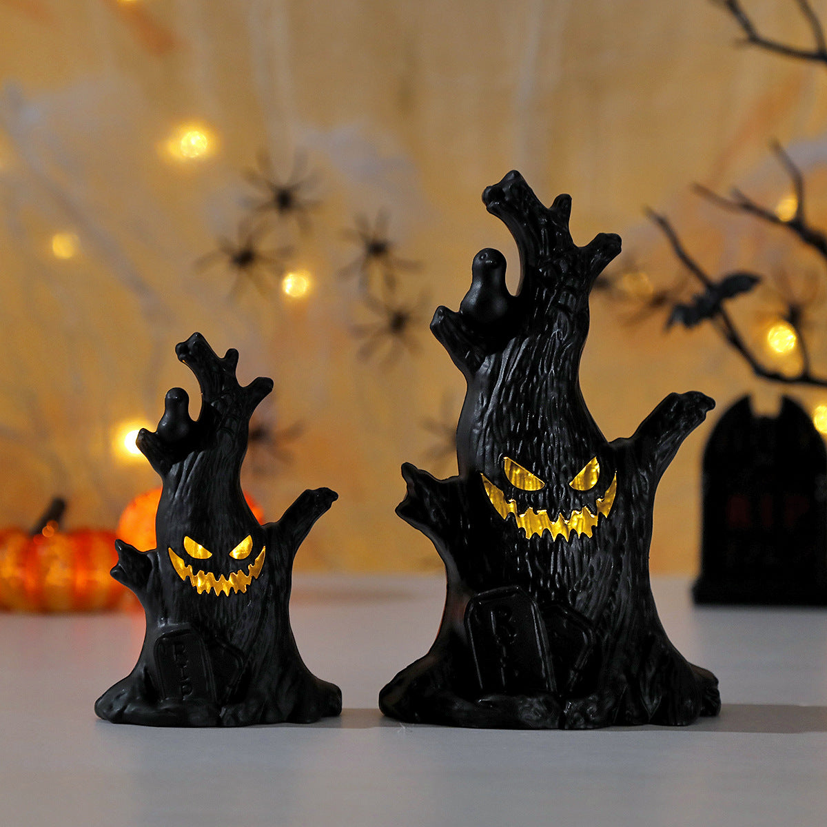 Flickering Halloween Tree - Ghost Face, Raven & Tombstone Decor 👻