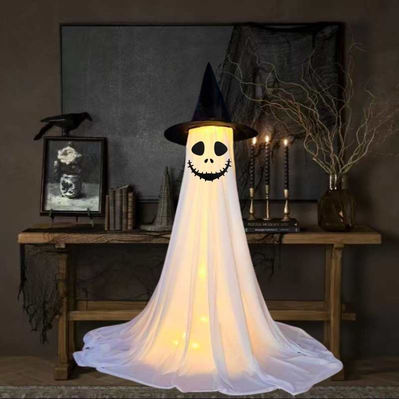 👻 Light-Up Glowing Ghost with Witch Hat | 24"→32" Height Switch Magic for Porches/Tables – 2025 Upgraded!