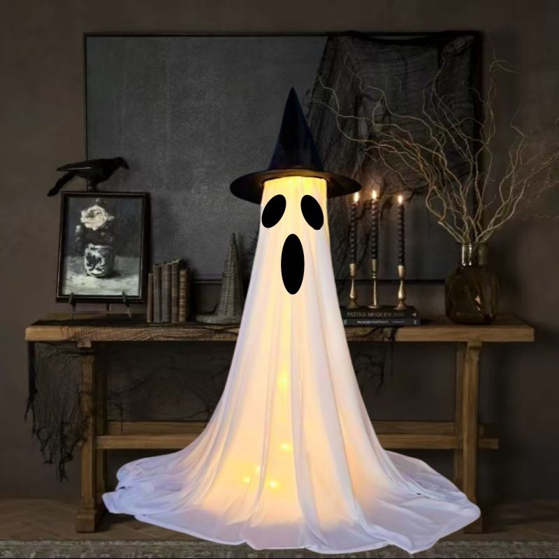 👻 Light-Up Glowing Ghost with Witch Hat | 24"→32" Height Switch Magic for Porches/Tables – 2025 Upgraded!