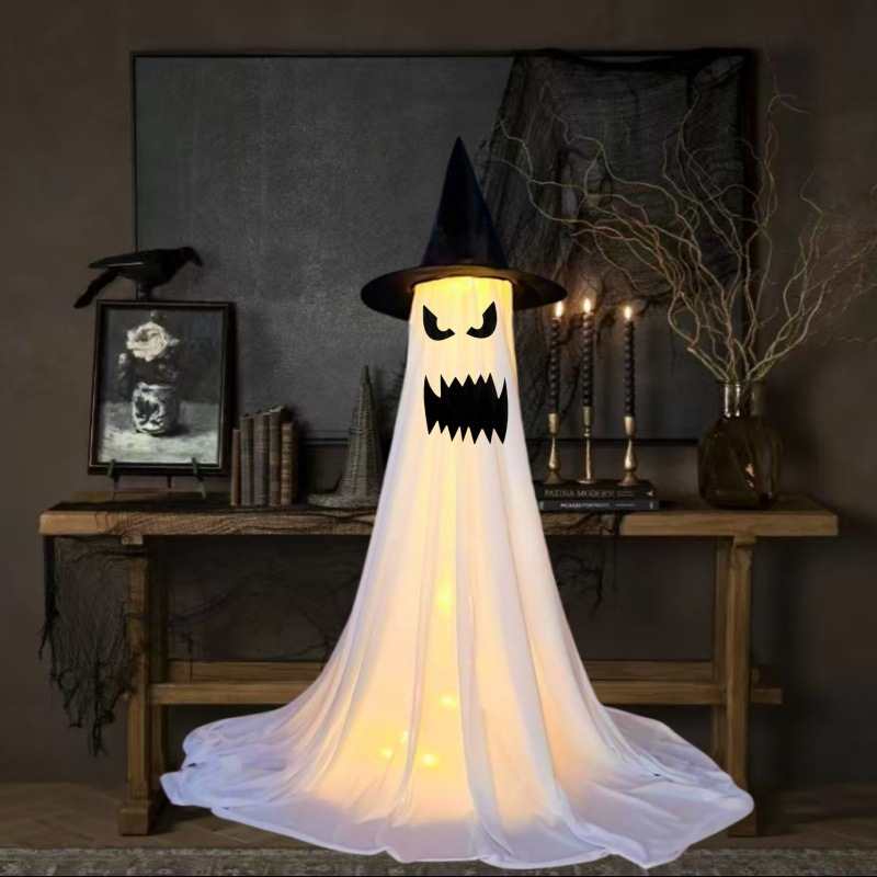 👻 Light-Up Glowing Ghost with Witch Hat | 24"→32" Height Switch Magic for Porches/Tables – 2025 Upgraded!